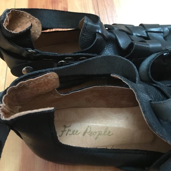 Free People Black Leather Style Nine Ankle Boots Double Buckle Strappy Booties - Picture 11 of 12